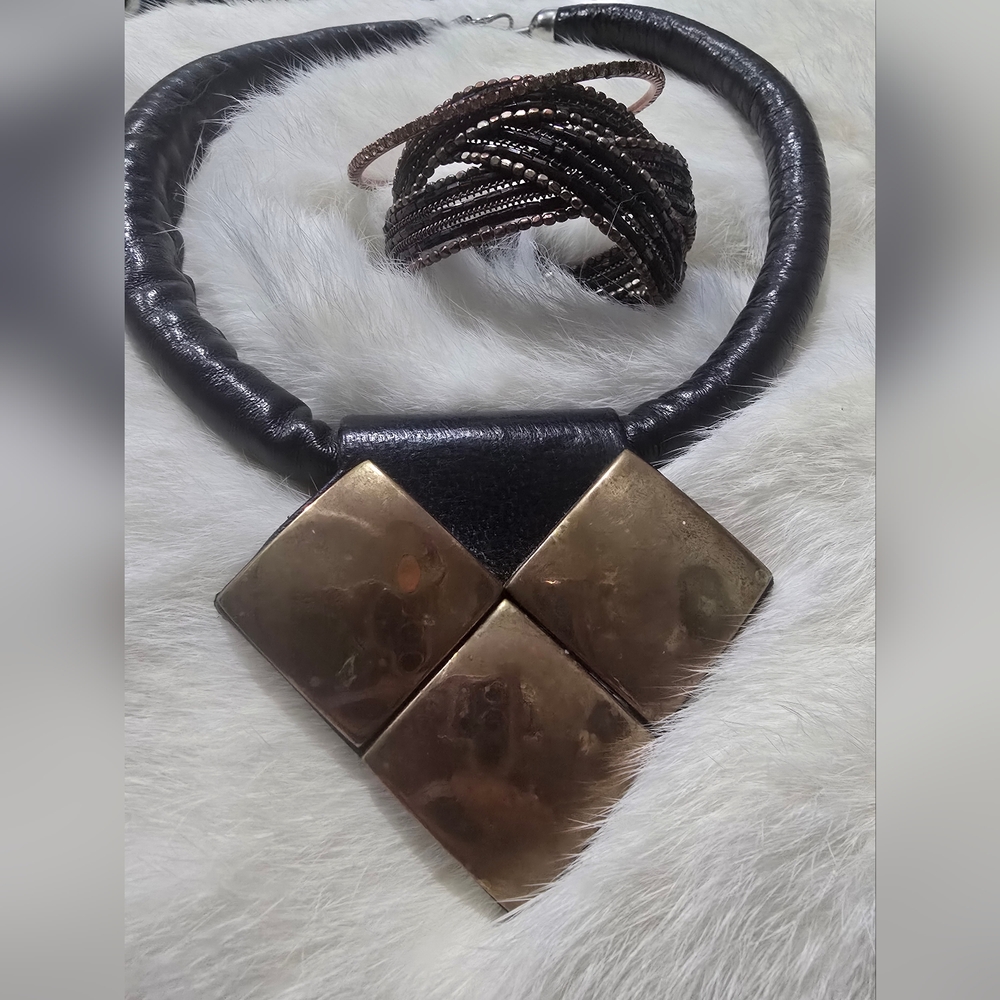 80's Leather And Brass Statement Necklace With Bangle And Beaded Cuff